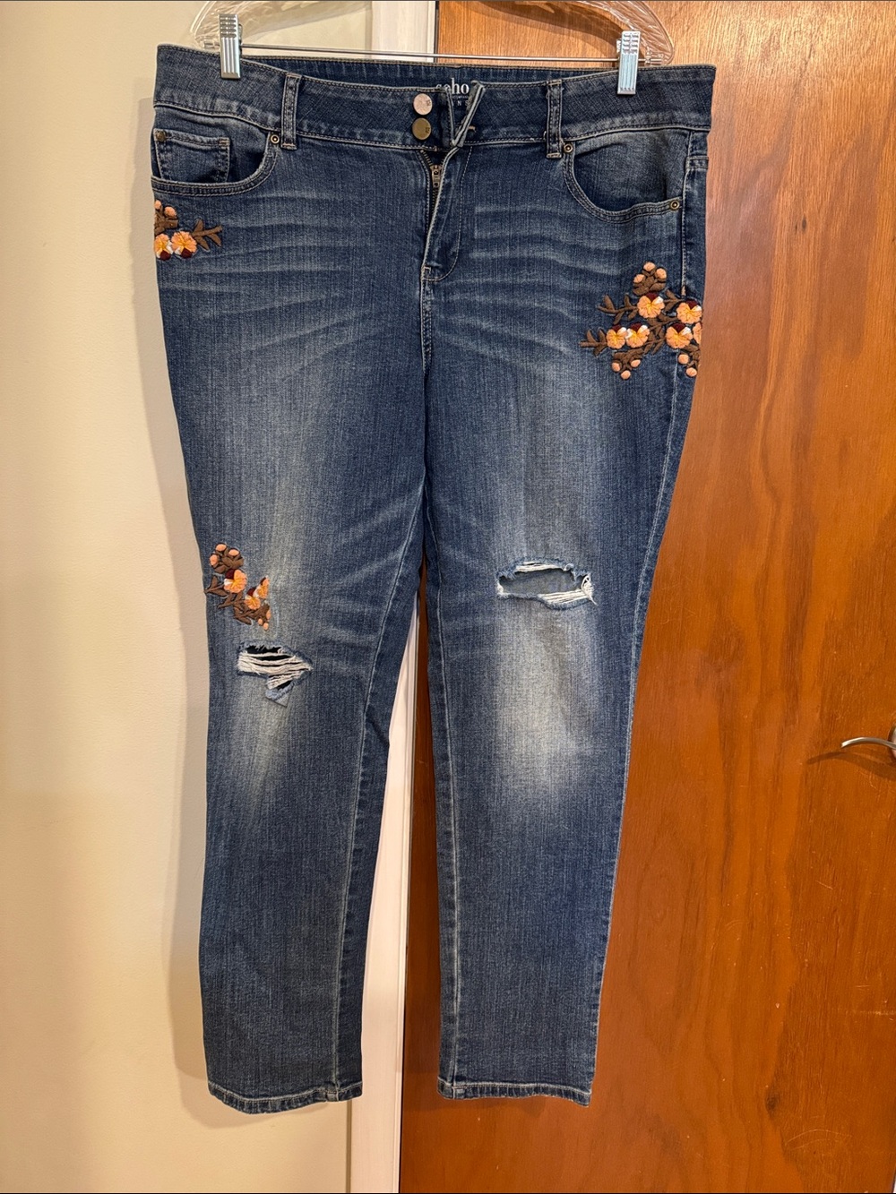 New York & Company Dark Blue Cropped Jeans with Orange Floral Embroidery
